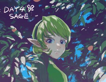 Rule 34 | 1girl, blue eyes, green hair, green hairband, green tunic, hairband, highres, kokiri, looking at viewer, nintendo, pointy ears, saria (zelda), short hair, solo, the legend of zelda, the legend of zelda: ocarina of time, tobeflog, tunic