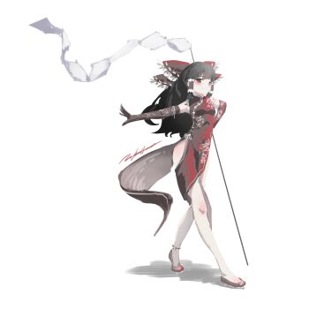 Rule 34 | 1girl, absurdres, adapted costume, bare shoulders, black gloves, black hair, bow, china dress, chinese clothes, commentary, dress, elbow gloves, frilled bow, frilled hair tubes, frills, full body, gloves, gohei, hair bow, hair tubes, hakurei reimu, highres, holding, holding gohei, littiecy, long hair, red bow, red dress, side slit, signature, simple background, sleeveless, sleeveless dress, smile, solo, thighs, touhou, walking, white background