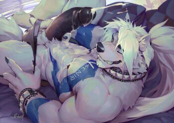 1boy :p abs animal_ears bara black_claws black_skin black_tongue blue_fur borrowed_character bracelet broad_shoulders clenched_teeth closed_eyes colored_skin cum cum_on_body cum_on_chest cum_on_fingers cum_on_penis cum_on_stomach dog_boy dog_ears earrings ejaculation furry furry_male grey_male_underwear groin high_ponytail jewelry jockstrap large_pectorals large_penis light_blush looking_at_viewer looking_back lying male_focus male_masturbation male_underwear masturbation muscular muscular_male nipples null-ghost on_back original pectorals penis pillow ponytail signature single_earring solo studded_bracelet studded_choker sweatdrop teeth thick_eyebrows thick_thighs thighs tongue tongue_out two-tone_fur underwear v-taper white_fur white_hair