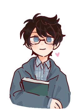 1boy akinashi_haru alternate_costume black_hair blue_eyes blue_jacket blue_shirt blush book collared_shirt commentary dress_shirt english_commentary glasses hair_between_eyes heart holding holding_book hood hood_down hooded_jacket jacket long_sleeves male_focus microsoft_paint_(medium) plaid_clothes plaid_shirt saihate_eki shirt short_hair simple_background smile solo tosteurmori upper_body white_background