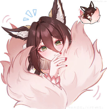 1girl animal_ear_fluff animal_ears brown_hair closed_mouth commentary_request fox_ears fox_girl fox_tail fugue_(honkai:_star_rail) funafu green_eyes hair_between_eyes holding_own_tail honkai:_star_rail honkai:_star_rail_sticker_redraw_(meme) honkai_(series) long_hair looking_at_viewer meme multiple_tails nail_polish pink_tail red_nails reference_inset solo tail tingyun_(honkai:_star_rail) twitter_username