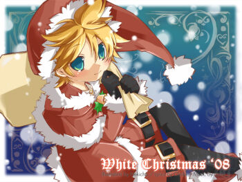 1boy aqua_eyes black_gloves black_pantyhose blonde_hair blush capelet christmas dated feet_out_of_frame fur-trimmed_capelet fur-trimmed_jacket fur_trim gloves hat hekicha jacket kagamine_len looking_at_viewer male_focus pantyhose red_shorts santa_costume santa_hat shorts sitting smile solo vocaloid