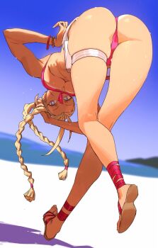 1girl ass bikini blonde_hair blue_eyes breasts cammy_white chilicayenne2d curvy highres huge_ass large_breasts long_hair pink_bikini solo street_fighter street_fighter_6 swimsuit tan twintails very_long_hair