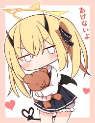 Rule 34 | 1girl, black bow, black dress, black wings, blonde hair, bloomers, blue archive, blush, border, bow, brown border, chibi, closed mouth, collared shirt, demon girl, demon horns, demon tail, demon wings, dress, hair between eyes, hair bow, halo, hana kazari, heart, heart tail, highres, horns, hugging object, ibuki (blue archive), jitome, leaning to the side, looking to the side, neck ribbon, outline, pinafore dress, pleated dress, red ribbon, ribbon, shirt, sleeveless, sleeveless dress, solo, stuffed animal, stuffed toy, tail, teddy bear, translation request, twintails, underwear, white background, white bloomers, white outline, white shirt, wings