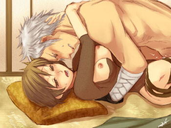 Rule 34 | arms around neck, blush, breasts, breasts out, brown eyes, brown hair, hug, kato kiyomasa (sengoku musou), large breasts, leotard, missionary, nene (sengoku musou), open mouth, pussy juice, sengoku musou, thigh strap, vaginal, white hair