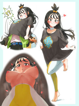 !? 1boy 1girl absurdres barefoot belt black_hair black_pants blue_belt blush breasts choker closed_mouth collarbone commentary_request cube_hair_ornament flying_sweatdrops green_jacket hair_ornament heart highres jacket leg_up leggings lida_(pokemon) long_hair multiple_views nintendo nipples open_clothes open_jacket pants paxton_(pokemon) pokemon pokemon_legends:_z-a print_shirt shirt smile spoken_interrobang toes topknot u4_99384295 white_choker white_shirt