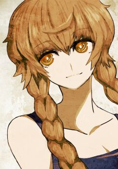 1girl amane_suzuha blonde_hair braid breasts cleavage highres long_hair non-web_source ringed_eyes science_adventure secretter smile solo steins;gate tank_top twin_braids yellow_eyes