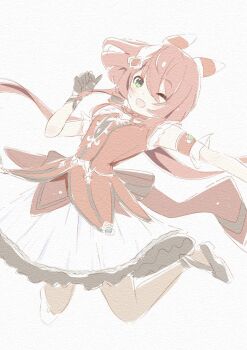 1girl animal_ears armband black_gloves black_pantyhose blush breasts dress ear_covers feather_hair_ornament feathers gloves green_eyes hair_between_eyes hair_ornament hakugitsu highres horse_ears horse_girl jumping long_hair looking_at_viewer low_twintails one_eye_closed open_mouth pantyhose red_armband red_dress red_hair simple_background sleeveless smile solo twintails umamusume white_background win_variation_(dramatic_tutu)_(umamusume) win_variation_(umamusume)