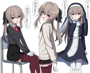 1girl black_ribbon black_skirt black_sweater bow bowtie brown_hair brown_twintails_girl_(yakob_labo) chair clothes_variants commentary_request gloves highres looking_at_viewer nun nun_headdress open_mouth original ponytail red_bow red_bowtie red_eyes red_thighhighs ribbon school_uniform shirt sidelocks simple_background skirt solo speech_bubble sweater talking thighhighs white_background white_gloves white_shirt white_thighhighs yakob_labo