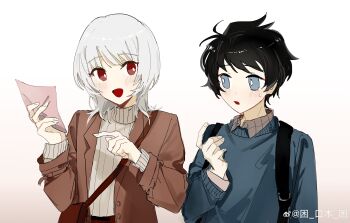 2boys :d absurdres akinashi_haru backpack bag black_hair blue_eyes blue_sweater blush brown_jacket casual chinese_commentary commentary_request hand_up hands_up highres holding holding_paper jacket kun_koumu_kun looking_at_another male_focus multiple_boys open_mouth paper red_eyes ribbed_sweater saihate_eki short_hair shoulder_bag simple_background smile sweater sweater_under_jacket tatsunami_shion turtleneck turtleneck_sweater white_background white_hair white_sweater