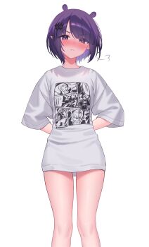 1girl absurdres beyo blush commentary english_commentary highres hololive hololive_english looking_at_viewer ninomae_ina&#039;nis ninomae_ina&#039;nis_(loungewear) nose_blush official_alternate_costume official_alternate_hairstyle pointy_ears pout print_shirt purple_eyes purple_hair shirt short_hair simple_background solo tentacle_hair virtual_youtuber white_background white_shirt