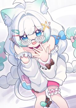 1girl @_@ absurdres ahoge animal_ear_fluff animal_ears bare_shoulders bell blue_eyes bow braid camisole cat_ears cat_girl cat_tail coke-bottle_glasses collar collarbone dolphin_shorts double_strap_slip frilled_shirt frilled_thigh_strap frills from_above ghost_girl glasses gradient_hair green_hair hair_ornament hairclip hand_up highres indie_virtual_youtuber long_hair looking_at_viewer low_twin_braids mint_fantome mint_fantome_(otaku) mogyiu multicolored_hair neck_bell open_mouth pink_collar pink_shorts pointy_ears shirt shorts sitting smile solo sweater tail tail_bow tail_ornament thigh_strap twin_braids very_long_hair virtual_youtuber white_camisole white_hair x_hair_ornament