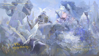 Rule 34 | 1girl, 1other, animal ear fluff, animal ears, bird, bow, closed mouth, commission, day, dove, dress, expressionless, flower, frilled sleeves, frills, gloves, hair intakes, hair ornament, happy birthday, head rest, holding, long hair, long sleeves, looking afar, mihuashi commission, one eye covered, original, outdoors, pengren siya, purple flower, sitting, solo focus, table, two side up, white bird, white bow, white dress, white hair, yellow eyes