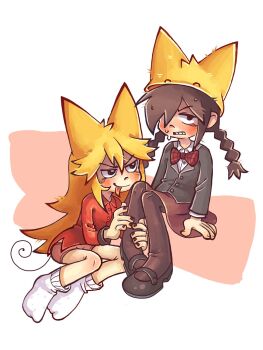 2girls animal_ears annoyed bare_shoulders black_eyes black_hair black_nails black_pantyhose black_shoes blonde_hair bow bowtie braid bright_pupils brown_jacket buttons cat_ears cat_girl cat_tail closed_mouth collared_shirt funamusea hair_over_one_eye hashtag-only_commentary hat highres jacket jitome kurai_yonaka light_blush looking_at_another looking_at_viewer lord_prosciutto moge-ko mogeko_castle multiple_girls no_shoes panties pantyhose plaid_bow plaid_bowtie plaid_clothes red_bow red_bowtie red_panties red_shirt red_skirt shaded_face shirt shoes sitting skirt socks sweat tail teeth tongue tongue_out twin_braids underwear white_background white_pupils white_shirt white_socks woooh yellow_hat