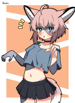 1girl absurdres ahoge animal_ears arknights black_skirt blue_eyes breasts fox_ears fox_girl fox_tail halloween hendra highres navel notice_lines patchwork_skin shirt skirt small_breasts solo sussurro_(arknights) tail zombie