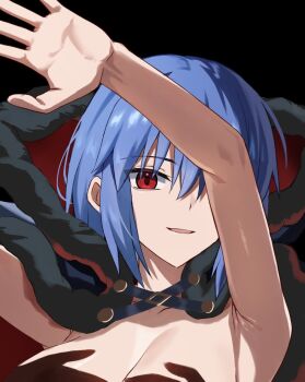 1girl arms_up blue_hair blush breasts ciel_(tsukihime) cloak commentary_request convenient_censoring fur-trimmed_cloak fur_trim glowing hand_shadow_covering_breasts_(meme) implied_nudity large_breasts looking_at_viewer meme michael_roa_valdamjong naked_cloak nose_blush outer_glow possessed red_eyes roa-ciel sidelocks smile solo topless_female tsukihime tsukihime_(remake) vampire weilaizuigao703