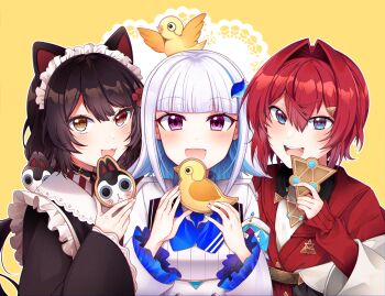 3girls :3 :d ange_katrina ange_katrina_(1st_costume) animal animal_ears animal_hair_ornament animal_on_head bird bird_on_head black_collar blue_eyes blue_hair blue_neckerchief blunt_bangs blush brown_hair brown_kimono cardigan collar colored_inner_hair commentary_request dog_ears dog_girl double-parted_bangs fangs flower frilled_sleeves frills gradient_eyes group_picture hair_between_eyes hair_flower hair_intakes hair_ornament hand_up heterochromia highres holding inui_toko inui_toko_(1st_costume) japanese_clothes kimono lize_helesta lize_helesta_(1st_costume) long_bangs long_hair long_sleeves looking_at_viewer maid_headdress mitsumine_(ookami_no_oyashiro) monocle multicolored_eyes multicolored_hair multiple_girls neckerchief nijisanji on_head open_mouth outline purple_eyes red_cardigan red_eyes red_hair redrawn sanbaka_(nijisanji) sebastian_piyodore short_hair shrug_(clothing) sidelocks sleeves_past_wrists slit_pupils smile streaked_hair teeth textless_version triangle_hair_ornament two-tone_hair upper_body upper_teeth_only variant_set virtual_youtuber white_hair white_headdress white_outline white_shrug yellow_background yellow_bird yellow_eyes