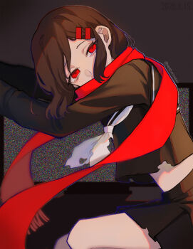 1girl amd_aoneko artist_name black_serafuku black_shirt black_skirt brown_hair covered_mouth dated hair_ornament highres kagerou_project long_sleeves looking_at_viewer medium_hair neckerchief red_eyes red_scarf scarf school_uniform screen serafuku shirt skirt solo static tateyama_ayano torn_clothes torn_neckerchief torn_shirt white_neckerchief