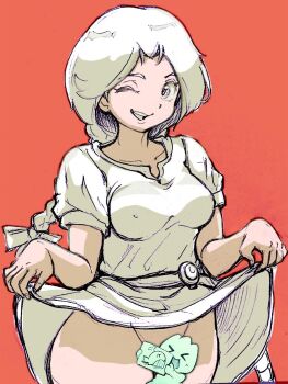 >_< 1boy 1girl bottomless braid braided_ponytail breasts censored convenient_censoring covered_erect_nipples hair_ribbon highres large_breasts legs lifting_own_clothes long_hair looking_at_viewer meme namco one_eye_closed open_mouth ribbon smile teeth thick_thighs thighs tongue valkyrie_(vnd) valkyrie_no_densetsu wink