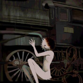 1other ambiguous_gender black_eyes black_tail body_fur highres jejejunum mechanophilia monster_boy multicolored_hair original other_focus secret_(jejejunum) short_hair smile solo split-color_hair train wheel white_fur