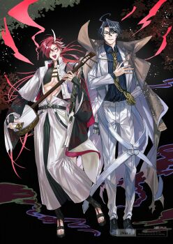 Rule 34 | 2boys, absurdres, black hair, black pants, black shirt, black shoes, coat, coat on shoulders, collared coat, collared shirt, dragon print, eyebrow cut, fate/grand order, fate (series), full body, hair over one eye, hakama, hakama pants, hand on own hip, highres, holding, holding instrument, instrument, jacket, japanese clothes, looking at viewer, low ponytail, multicolored hair, multiple boys, nagatekkou, necktie, nun2o, pants, pectoral cleavage, pectorals, ponytail, popped collar, print necktie, red hair, sandals, shamisen, shirt, shoes, streaked hair, striped clothes, striped shirt, takasugi shinsaku (fate), toned, toned male, underpec, vertical-striped clothes, vertical-striped shirt, white hair, white hakama, white jacket, white pants, yellow necktie, yoshida shouin (fate)