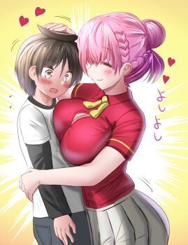 1boy 1girl age_difference black_hair blush bokutachi_wa_benkyou_ga_dekinai breast_press breasts brown_eyes cleavage closed_eyes gu~derenko hair_bun headpat highres kirisu_mafuyu large_breasts long_hair looking_at_breasts onee-shota pink_hair school_uniform shirt short_hair short_sleeves shota simple_background single_hair_bun skirt smile t-shirt yellow_background yuiga_nariyuki