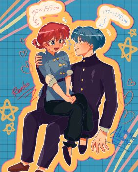 Rule 34 | 1boy, 1girl, blue background, blue eyes, blue hair, blush, braid, brown shoes, chinese clothes, commentary, english commentary, garnel (letsgotomato11), genderswap, genderswap (ftm), hand on another's shoulder, hetero, highres, ranma-chan, ranma 1/2, school uniform, shoes, short hair, single braid, sitting, sitting on lap, sitting on person, tendou akane, v-shaped eyebrows
