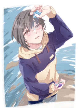 1girl absurdres bang_dream! bang_dream!_it&#039;s_mygo!!!!! beach blue_hoodie blue_shorts blush brown_eyes brown_hoodie commentary grey_hair hashtag-only_commentary highres hood hood_down hoodie karakuzu_mygo long_hair open_mouth short_hair shorts solo starfish takamatsu_tomori two-tone_hoodie