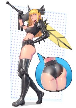 1girl absurdres armor ass ass_focus blonde_hair blunt_bangs boots close-up commentary commission elbow_spikes english_commentary facing_to_the_side full_body highres holding holding_sword holding_weapon huge_weapon lips long_hair looking_at_viewer magik's_crown magik_(x-men) marvel marvel_rivals nose pauldrons shoulder_armor shoulder_spikes simple_background single_pauldron solo spiked_gauntlets spiked_pauldrons spiked_thigh_strap spikes superhero_costume sword thigh_boots thighhighs topsu weapon x-men x-uniform