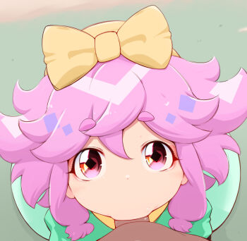 1boy 1girl bow fellatio hair_bow loli looking_at_viewer maro_(mashin_souzouden_wataru) mashin_eiyuuden_wataru mashin_souzouden_wataru oral penis pink_eyes pink_hair pov pov_crotch solo_focus thick_eyebrows yellow_bow yonekura_hisaki