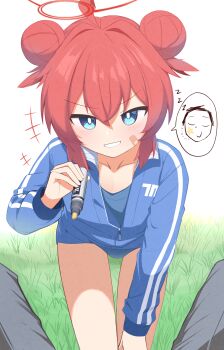 +++ 1boy 1girl :d absurdres ahoge alternate_costume bandaid bandaid_on_cheek bandaid_on_face blue_archive blue_buruma blue_eyes blue_jacket blush bright_pupils buruma collarbone commentary_request day doodle_sensei_(blue_archive) double-parted_bangs double_bun drawing_on_another's_face evil_smile feet_out_of_frame grin gym_uniform hair_between_eyes hair_bun hair_intakes halo hand_up highres holding holding_marker jacket leaning_forward long_sleeves looking_at_viewer maki_(blue_archive) marker millennium_science_school_logo notice_lines open_clothes open_jacket open_mouth outdoors partially_unzipped pov prank red_hair red_halo sensei_(blue_archive) sidelocks simple_background sleeping smile solo_focus speech_bubble spoken_character standing star_(symbol) straight-on track_jacket track_suit v-shaped_eyebrows white_background white_pupils zombt zzz