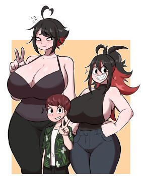 1boy 2girls ahoge bare_shoulders black_hair breasts brown_hair denim gigantic_breasts hands_on_own_hips heart heart_ahoge huge_breasts jeans little_j multiple_girls musical_note original pants plant_print ponytail red_hair sharp_teeth smile teeth v yellow_background