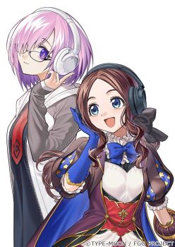 :d asamitsu_(n_morninglight) black-framed_eyewear black_bow black_dress blue_bow blue_eyes blue_gloves bob_cut bow bowtie brown_hair closed_mouth commentary_request copyright_notice dress elbow_gloves fate/grand_order fate_(series) glasses gloves grey_sleeves hair_bow hair_over_one_eye hand_on_headphones hand_up headphones hood hood_down hooded_jacket jacket leonardo_da_vinci_(fate) leonardo_da_vinci_(fate/grand_order) leonardo_da_vinci_(rider)_(fate) leonardo_da_vinci_(rider)_(first_ascension)_(fate) long_hair looking_at_another looking_to_the_side mash_kyrielight necktie official_art open_clothes open_jacket open_mouth parted_bangs pink_hair puff_and_slash_sleeves puffy_short_sleeves puffy_sleeves purple_eyes raglan_sleeves red_necktie short_hair short_sleeves simple_background sleeves_past_wrists smile sony white_background white_jacket zipper