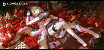 1girl alternate_costume arm_up armpits artist_logo artist_name blonde_hair board_game breasts bridal_gauntlets candelabra candle candlestand chalice chess chess_piece cleavage commentary_request cup dress fingernails flower full_body garter_straps highres jewelry knee_up lantern large_breasts logo lying mole mole_under_mouth nail_polish necklace on_back parted_lips purple_dress purple_eyes red_nails red_shoes shoes short_hair single_bare_foot single_garter_strap single_thighhigh solo spider_lily suction_cups tail_around_own_leg tentacle_girl tentacle_tail tentacles thighhighs toenail_polish toenails user_gvme8723 white_thighhighs yidhari_murphy zenless_zone_zero