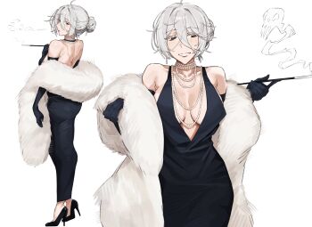 absurdres black_eyes breasts breasts_apart cleavage commentary dress elbow_gloves english_commentary fur_scarf gloves grey_hair grin high_heels highres holding holding_smoking_pipe jericho_(wabuwabu_05) jewelry necklace original pearl_necklace plunging_neckline scar scar_on_back sleeveless smile smoking smoking_pipe wabuwabu_05 white_hair