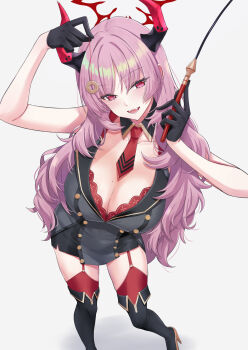 1girl :d asya black_boots black_gloves blue_archive blush boots bra bra_peek breasts cleavage commentary_request detached_collar gloves halo high_heel_boots high_heels highres holding holding_pendulum horns large_breasts long_hair looking_at_viewer mole mole_on_breast necktie open_mouth pendulum pink_eyes pink_hair red_bra red_halo red_horns red_necktie red_thighhighs satsuki_(blue_archive) simple_background smile solo standing thigh_boots thighhighs thighhighs_under_boots underwear