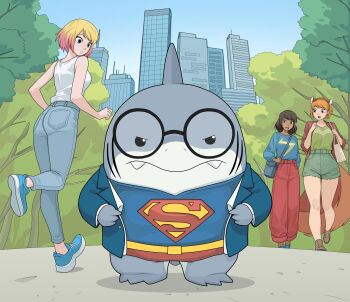 absurdres animal ass clark_kent cosplay dc_comics denim gwenpool highres jeans jeff_(marvel) kamala_khan kim_kai marvel marvel_rivals pants shark short_hair smile squirrel_girl_(marvel) superhero_costume superman superman_(cosplay) superman_(series) superman_logo tail