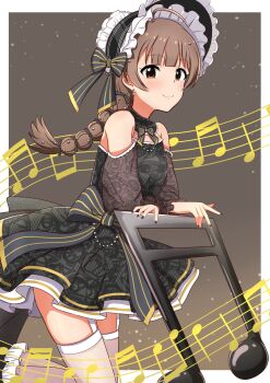 1girl absurdres ahoge black_bow black_dress black_nails blush bonnet border bow braid brown_eyes brown_hair closed_mouth commentary_request dress earrings fingernails fishnet_thighhighs fishnets garter_straps hakozaki_serika highres idolmaster idolmaster_million_live! jewelry long_hair looking_at_viewer mimiu_p musical_note nail_polish outside_border see-through_clothes see-through_thighhighs single_braid smile solo striped_bow stud_earrings thighhighs white_border