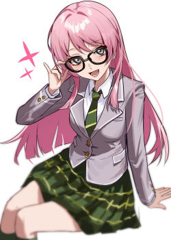 1girl amamiyayk bang_dream! bang_dream!_it's_mygo!!!!! blush breasts chihaya_anon commentary_request haneoka_school_uniform hashtag-only_commentary highres long_hair long_sleeves looking_at_viewer school_uniform shirt simple_background sitting smile solo white_background