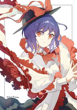 1girl absurdres ascot black_hat bow breasts capelet commentary_request frills hat hat_bow hat_ribbon highres kumateya looking_at_viewer nagae_iku purple_hair red_ascot red_eyes ribbon shawl shirt short_hair simple_background skirt smile solo touhou white_background