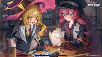 2girls betabeet black_dress black_hat black_jacket blonde_hair blue_archive blue_eyes blue_halo blush commentary_request dress fluffy_hair hair_between_eyes halo hat holding holding_toy ibuki_(blue_archive) iroha_(blue_archive) jacket long_hair multiple_girls necktie open_mouth peaked_cap peroro_(blue_archive) pointy_ears red_hair red_necktie red_ribbon ribbon second-party_source shirt sidelocks toy white_shirt witch_hat yellow_eyes yellow_halo