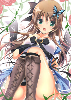 1girl :d absurdres aqua_eyes arm_ribbon black_bow black_ribbon blue_dress blush boots bow breast_suppress breasts brown_boots brown_hair butterfly_hair_ornament collarbone commentary_request convenient_leg dress dress_bow dutch_angle eyes_visible_through_hair feet_out_of_frame floating_hair floral_background flower frilled_dress frilled_sleeves frills hair_between_eyes hair_bow hair_ornament hand_up hapymaher highres knees_together_feet_apart lace-up_boots large_breasts long_hair long_ribbon looking_at_viewer open_mouth puffy_short_sleeves puffy_sleeves red_flower red_rose ribbon rose shiny_skin short_sleeves simple_background sitting smile solo sukonbu385 thighs toriumi_arisu two-tone_dress very_long_hair watermark white_background white_dress