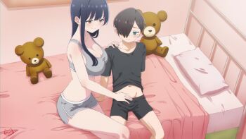 1boy 1girl bedroom black_hair black_shirt black_shorts blue_eyes boku_no_kokoro_no_yabai_yatsu breasts brown_eyes brown_hair cleavage dolphin_shorts grey_shorts grey_sports_bra hair_over_one_eye hetero ichikawa_kyoutarou keihh large_breasts navel on_bed pillow shirt short_shorts shorts sports_bra stuffed_animal stuffed_toy t-shirt teddy_bear yamada_anna