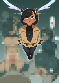 1boy 1girl absurdres ass black_bodysuit black_hair blush bodysuit bodysuit_under_clothes breasts brown_jacket censored commentary_request dark-skinned_female dark_skin emma_(pokemon) gloves hair_ornament hetero highres hong_doo hypnosis jacket latex latex_bodysuit mega_stone mind_control mosaic_censoring nintendo orange_gloves paid_reward_available pokemon pokemon_legends:_z-a purple_eyes short_hair standing