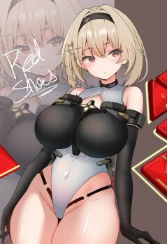 1girl absurdres black_choker black_gloves black_headband black_leotard black_panties breasts brown_background brown_eyes brown_hair character_name choker cleavage_cutout closed_mouth clothing_cutout commentary_request contrapposto covered_navel cowboy_shot dot_nose elbow_sleeve english_text g-string gloves goddess_of_victory:_nikke groin hair_intakes hair_ornament hairpin headband highres large_breasts leotard light_brown_hair looking_to_the_side medium_hair multicolored_leotard o-ring o-ring_bottom o-ring_panties panties red_shoes_(nikke) shiny_skin sleeveless leotard solo standing thigh_gap thighs thong toxic_pter two-tone_leotard underwear white_leotard zoom_layer