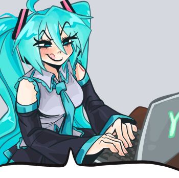 1girl black_skirt black_sleeves blue_eyes blue_hair blue_necktie collared_shirt computer detached_sleeves grey_background grey_shirt hatsune_miku highres kecchi0 laptop licking_lips long_sleeves necktie pleated_skirt shirt simple_background skirt solo speech_bubble tongue tongue_out twintails vocaloid