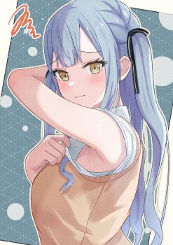 1girl absurdres armpits azakura_(beniyomogi) bang_dream! bang_dream!_it's_mygo!!!!! black_ribbon blue_eyes blurry blush braid commentary_request embarrassed hair_ribbon haneoka_school_uniform highres long_hair long_sleeves ribbon school_uniform shirt sidelocks solo sweater togawa_sakiko twintails upper_body wavy_mouth white_shirt yellow_eyes yellow_sweater