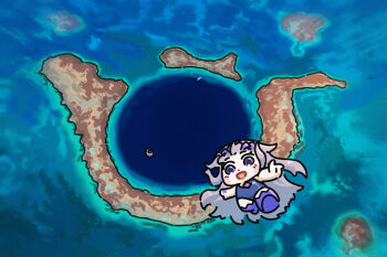 1girl 1other atoll belize bing_huyue blush_stickers chest_jewel chibi commentary english_commentary falling gem gem_hair_ornament great_blue_hole hair_flaps hand_jewel highres hololive hololive_english koseki_bijou lagoon long_hair midair ocean open_mouth pebble_(koseki_bijou) purple_eyes purple_gem purple_hair purple_shoes real_world_location school_swimsuit shoes skydive swimsuit tiara very_long_hair virtual_youtuber