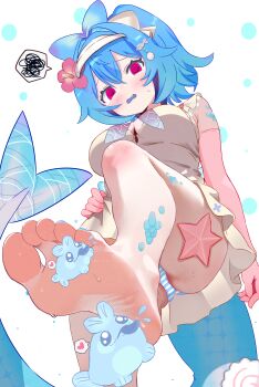 1girl @_@ absurdres bare_legs barefoot blue_hair blue_nails blue_neckerchief blue_panties blue_scales blue_tongue blush bow breasts bubble_background cleavage clothes_lift colored_mouth colored_tongue commentary commission cowboy_shot crossed_bangs d: double-parted_bangs dress dress_lift elbow_gloves fang feet film_grain fins fish fish_girl fish_hair_ornament fish_tail flower flustered food-themed_hair_ornament foot_focus from_below frown furrowed_brow gloves greek_toe hair_between_eyes hair_bow hair_flower hair_intakes hair_ornament head_down hibiscus highres indie_virtual_youtuber knee_up lazuli_(vtuber) licking licking_foot lips looking_at_viewer looking_down medium_breasts multicolored_neckerchief nail_polish narutomaki_hair_ornament neckerchief open_mouth panties pantyshot pink_eyes pink_flower pink_gloves pixiv_commission red_neckerchief sailor_dress scales short_hair soles speech_bubble spoken_squiggle squiggle standing standing_on_one_leg starfish striped_clothes striped_panties sweatdrop tail tearing_up tears toenail_polish toenails toes tongue tongue_out two-tone_panties underwear uroichi virtual_youtuber visor_cap white_background white_bow white_dress white_panties white_visor_cap