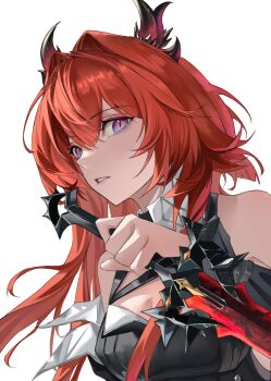 Rule 34 | 1girl, arknights, arknights: endfield, bare shoulders, black shirt, breasts, chinese commentary, chu chen, commentary request, hair between eyes, hair intakes, highres, holding, holding sword, holding weapon, horns, laevatain (arknights), long hair, looking at viewer, medium breasts, parted lips, purple eyes, red hair, shirt, simple background, solo, surtr (arknights), sword, upper body, weapon, white background